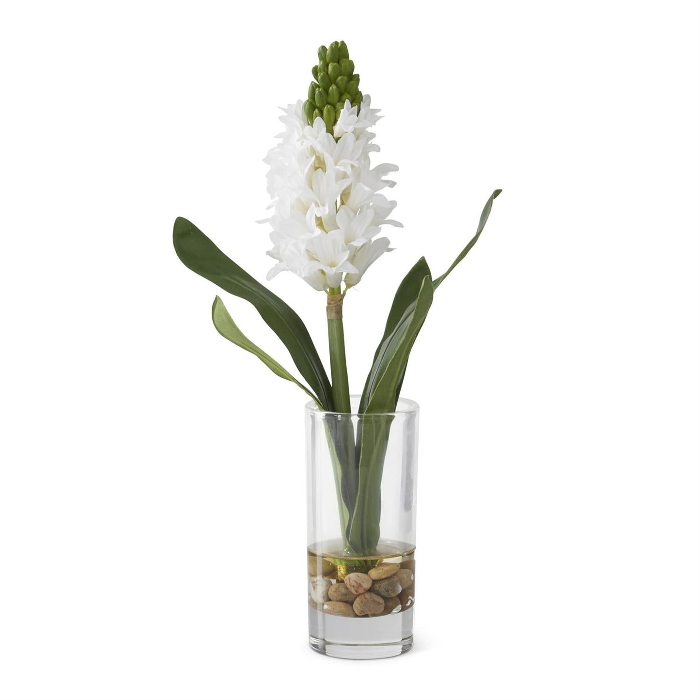 White Hyacinth Premade In Glass Vase with Pebbles & Faux Water - Jacinto Blanco en Jarrón