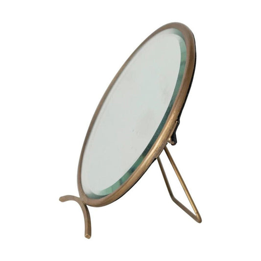 5" Round 5-1/2"H Brass Mirror w Stand, Antique Finish / Espejo redondo