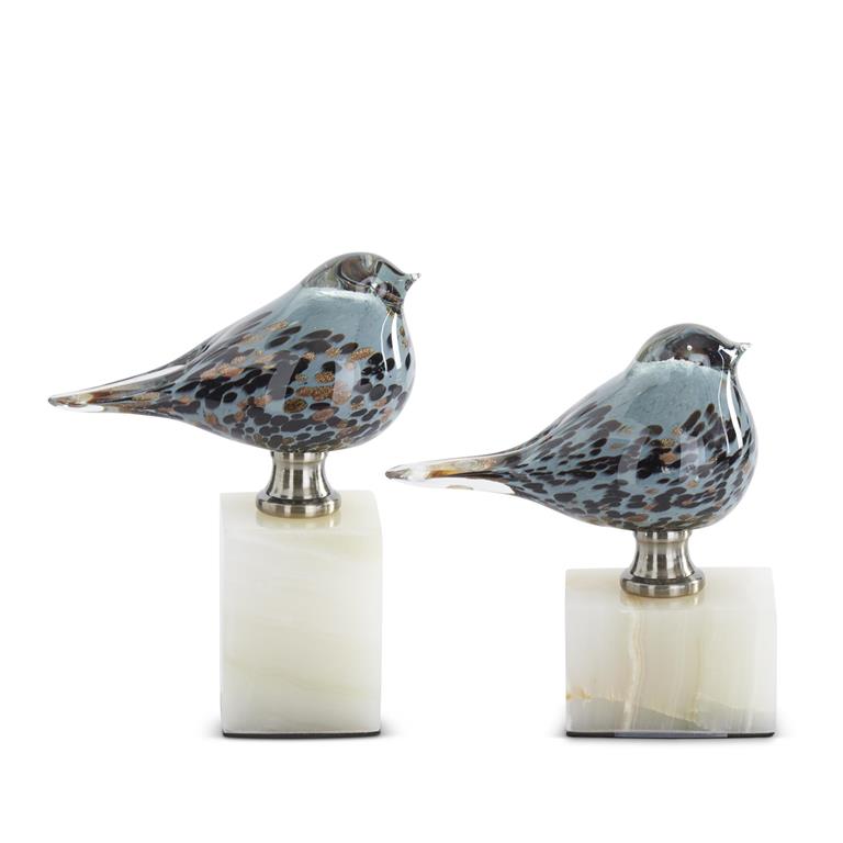 Blue Glass Birds on White Square Marble Bases
