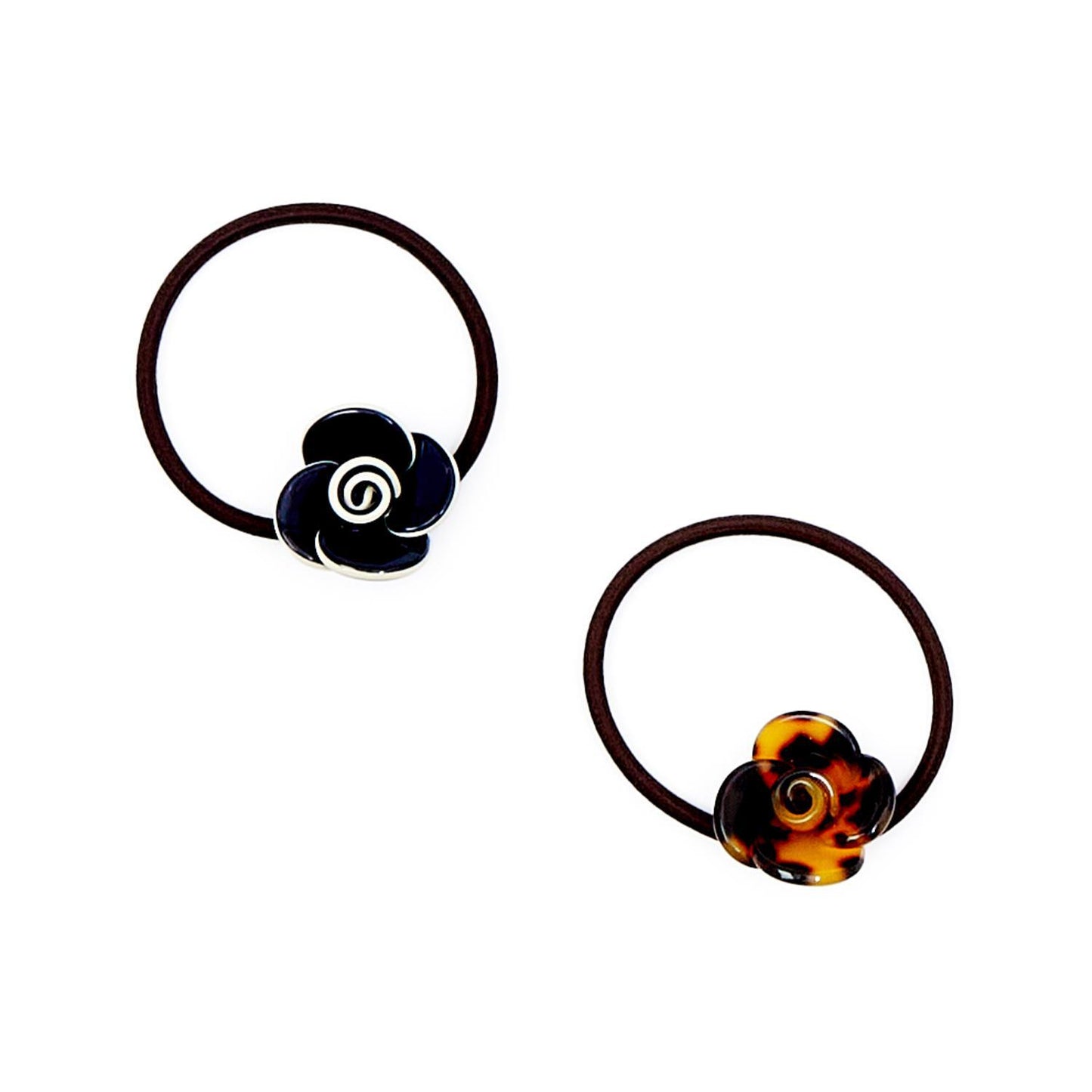 Juego de 2 encantadores lazos para el cabello con forma de camelia: tortuga y negro/blanco, plástico/elástico