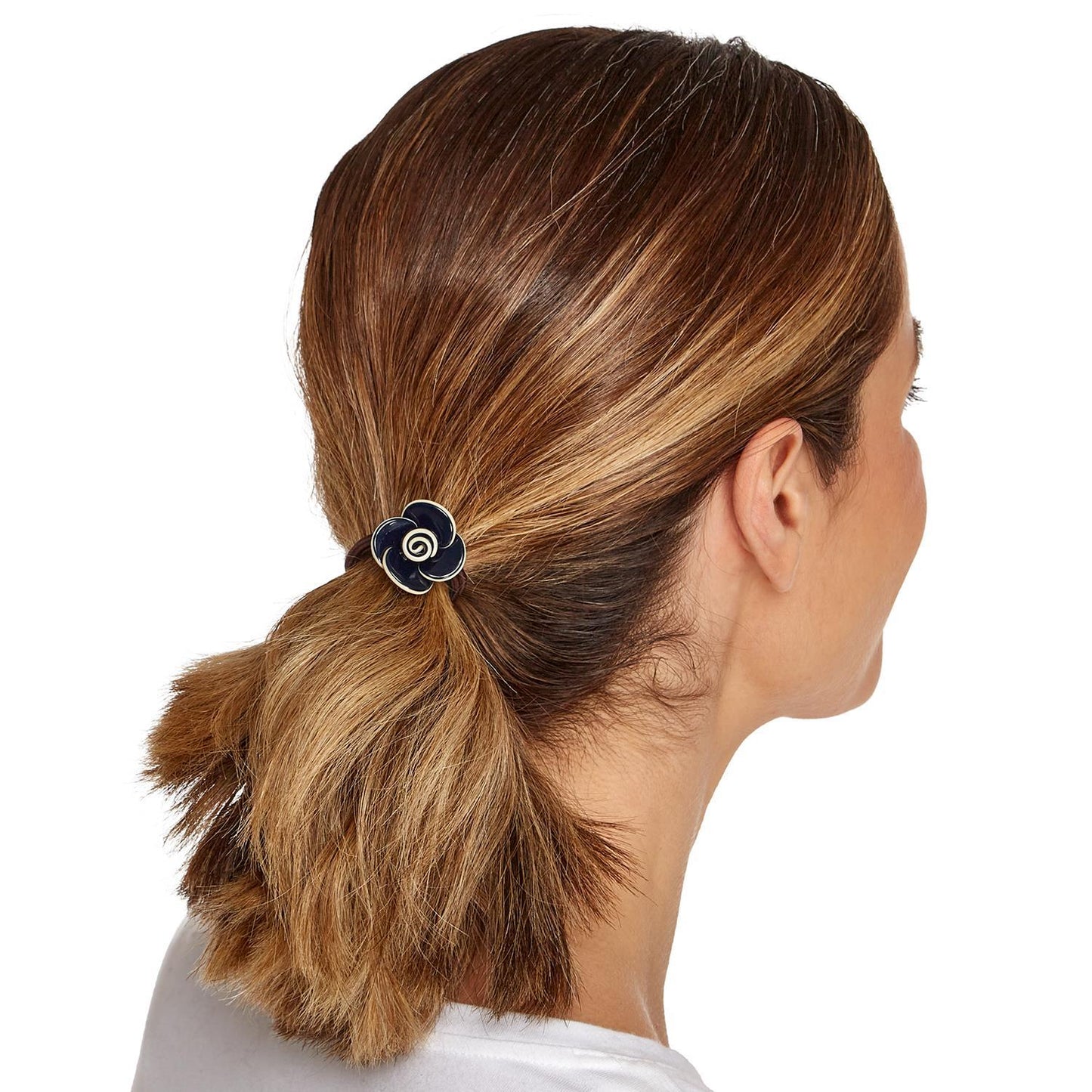 Juego de 2 encantadores lazos para el cabello con forma de camelia: tortuga y negro/blanco, plástico/elástico