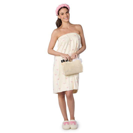 Coquette Spa Time Headband and Snap Closure Wrap Towel Set Assorted 2 Bow Print Colors: Pink and Blue- Terrycloth