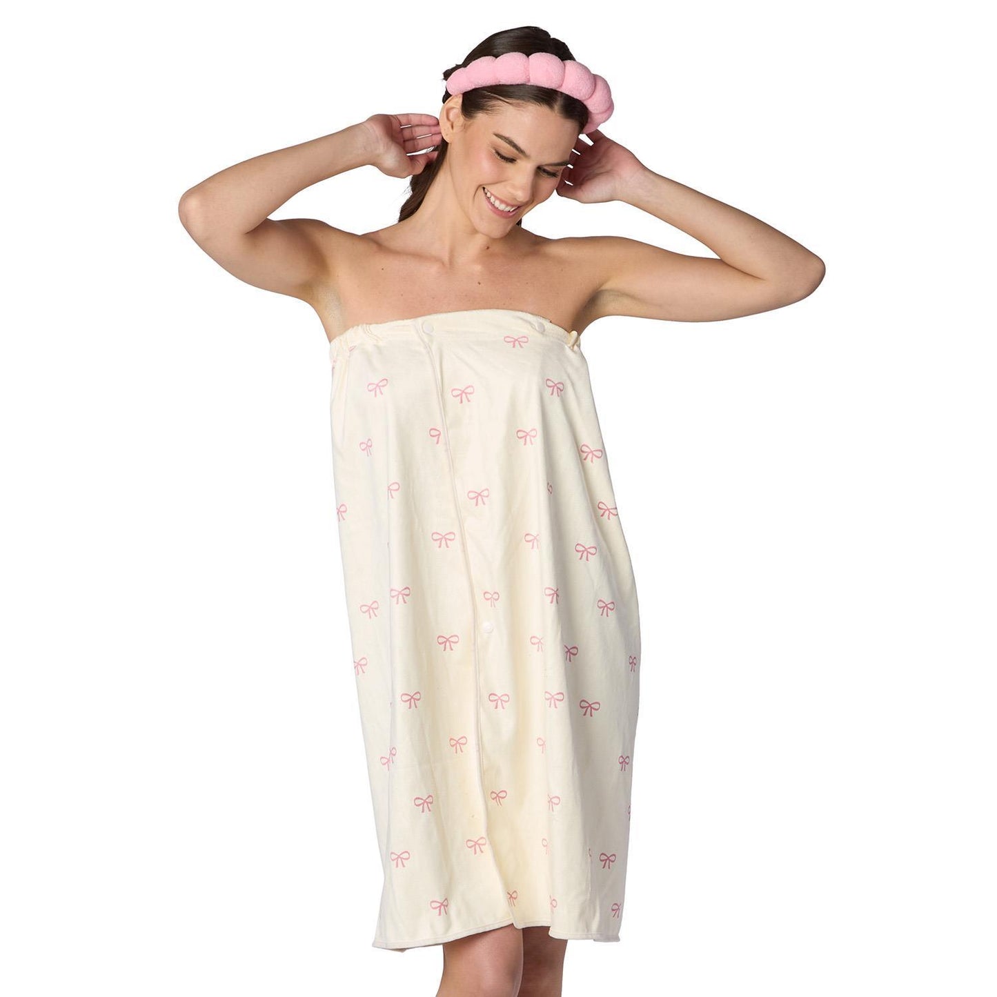 Coquette Spa Time Headband and Snap Closure Wrap Towel Set Assorted 2 Bow Print Colors: Pink and Blue- Terrycloth