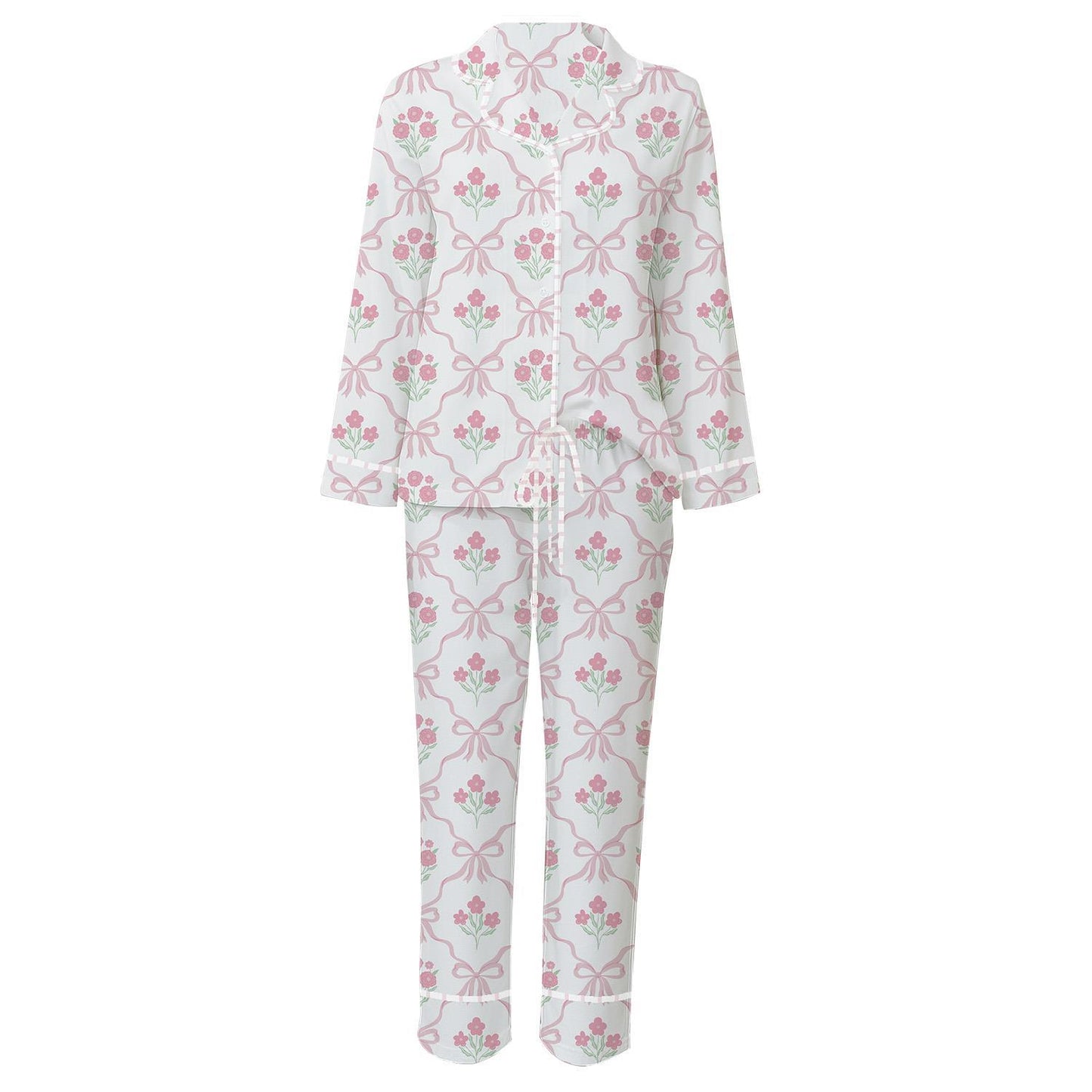 Ribbon Rose Print Cotton Printed Pajamas that Come in a Gift Bag in Coquette Pink - Cotton