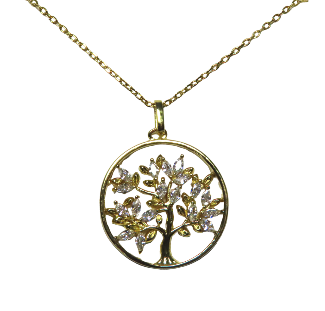 Gold CZ Family Tree Round Pendant Necklace - Collar