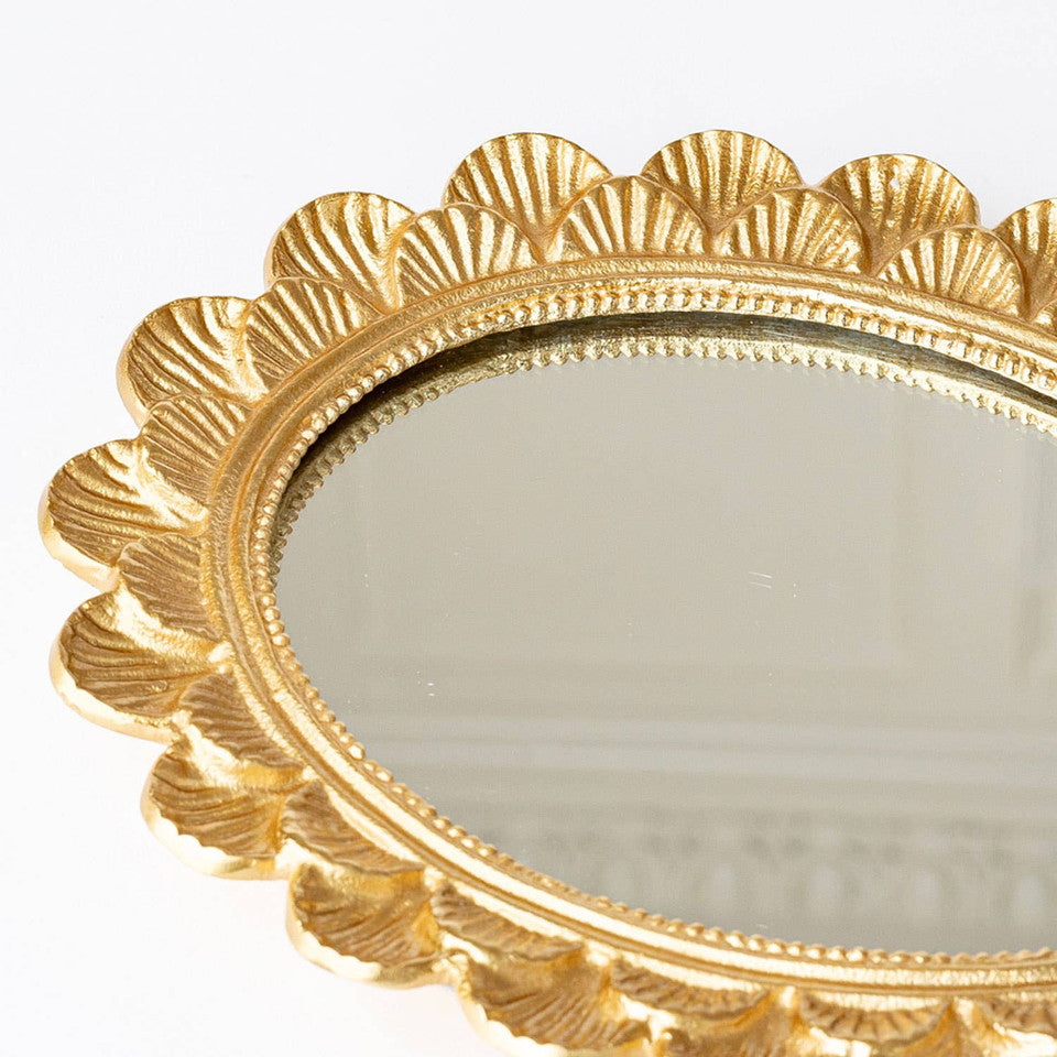 Gold Scalloped Oval Mirrored Vanity Tray