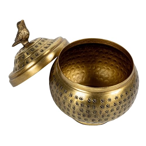 Round Hammered Metal Container with Bird Finial Brass Finish