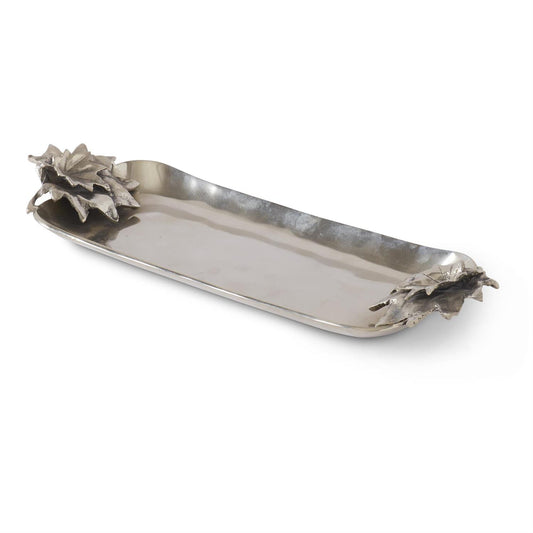 18 Inch Silver Metal Rectangular Tray w/Leaves & Acorn