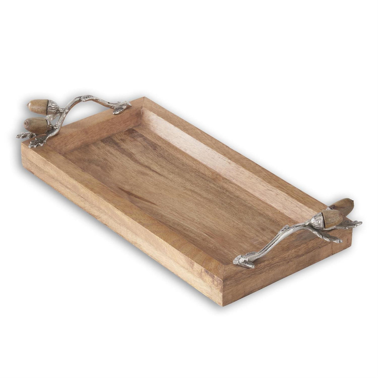 Rectangular Wood Tray with Silver Metal Handles & Acorns