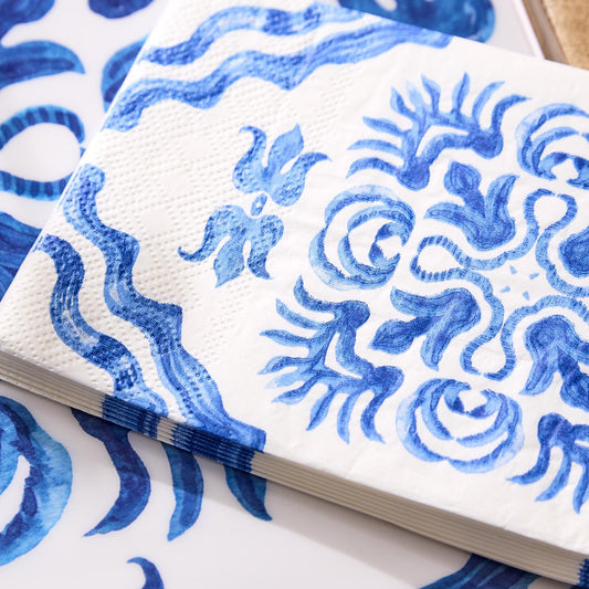 Servilleta de papel de 3 capas con estampado de bloques de azulejos azules