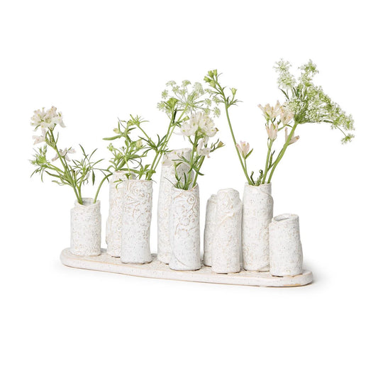 Pearly White Embossed Pattern Multi Vase on Platform