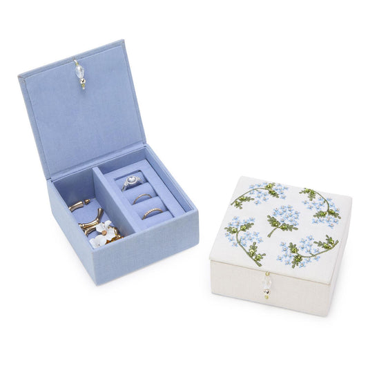 Hydrangea Embroidered and Embellished Linen Fabric Small Jewelry Box with Beaded Tassel Puller Assorted 2 Colors: Blue and White - MDF/Cotton/Glass Beads