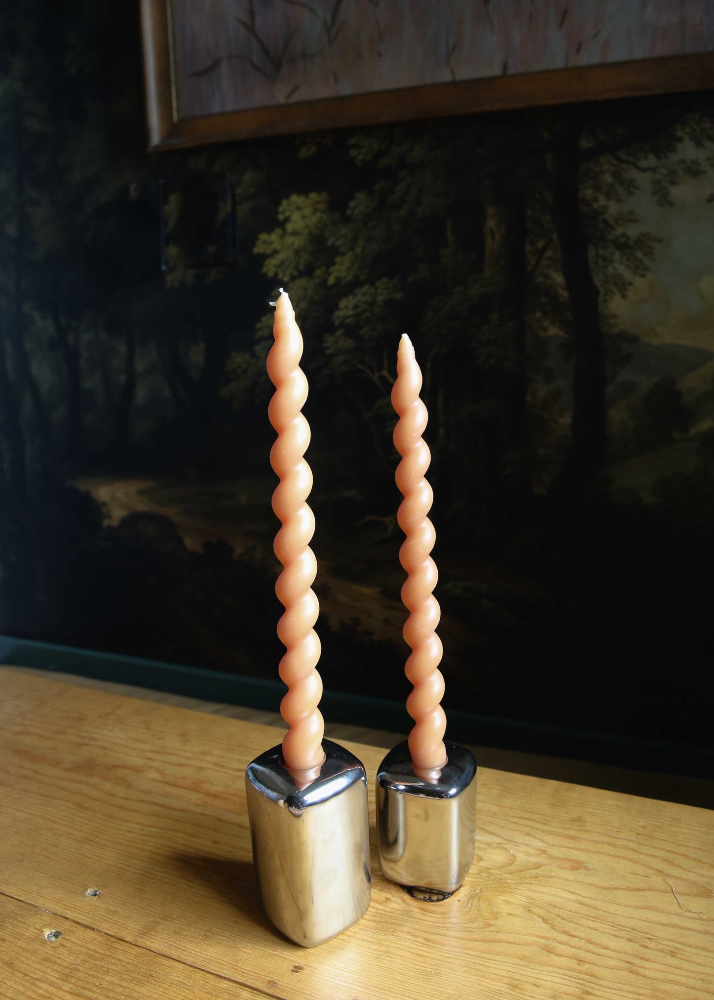 Unscented Twisted Taper Candles in Box, Tan Color, Set of 2 / Velas retorcidas sin aroma en caja, color tostado, juego de 2