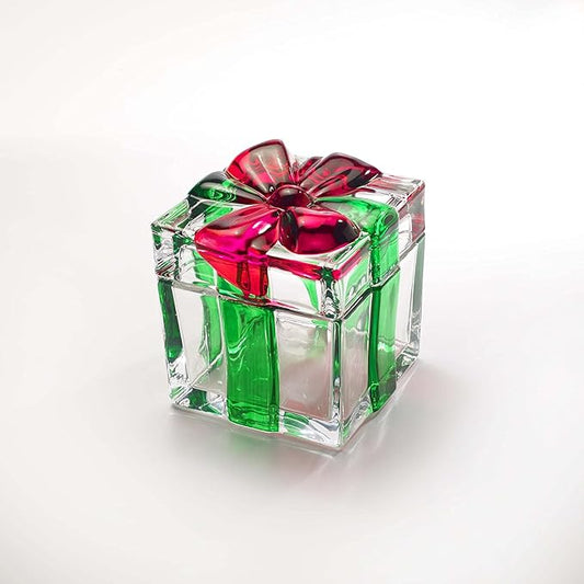 Glass Present Shaped Candy Jar,Red & Green