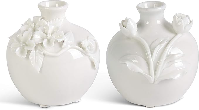 Jarrón Corto de Cerámica Blanca con Flores Elevadas (2 estilos) - k&k interiors