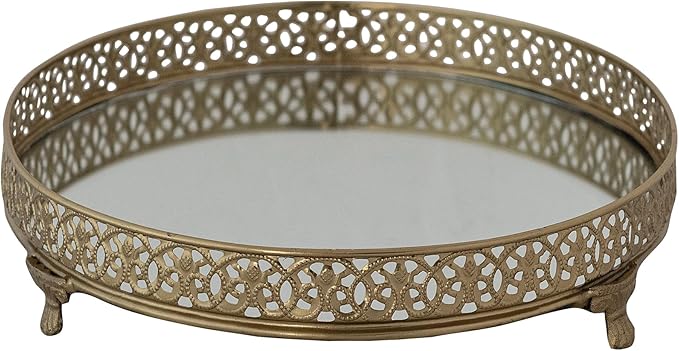 Oval Metal Filigree Footed Tray with Mirror, Gold Finish - Bandeja ovalada con espejo