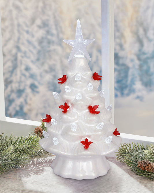 7.5" LED Ceramic Iridescent White Cardinal Tree - Adorno de Árbol LED