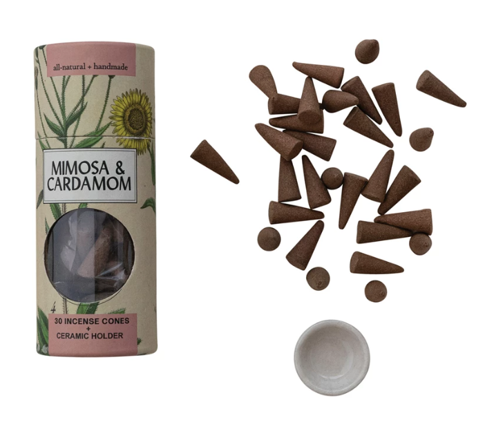 30 Piece Mimosa & Cardamom Scented Incense Cones with Ceramic Incense Holder / 30 conos de incienso perfumados con mimosa y cardamomo con portaincienso de cerámica