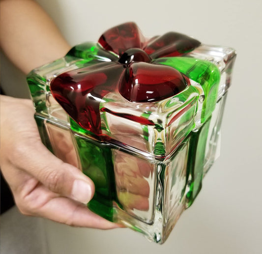 Glass Present Shaped Candy Jar,Red & Green