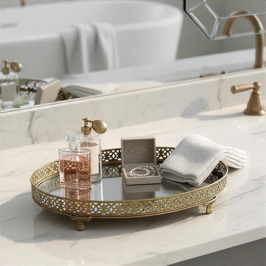 Oval Metal Filigree Footed Tray with Mirror, Gold Finish - Bandeja ovalada con espejo