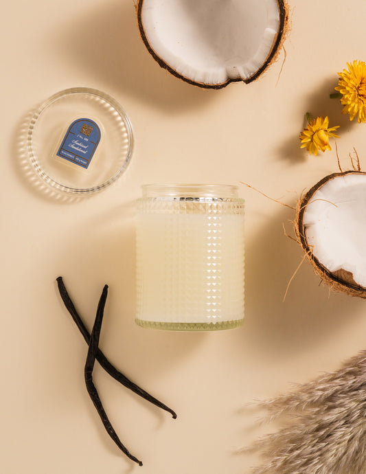 Sunkissed Sandalwood - Textured Glass Candle with Lid