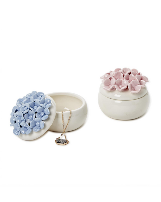 Hydrangea Trinket Jewelry Box with Lid Assorted 2 Colors (Pink and Blue) - Porcelain
