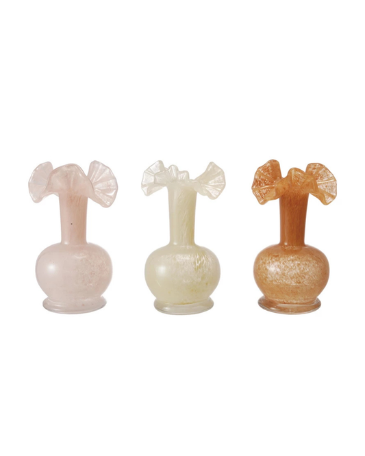 Art Glass Vase w/ Ruffle, 3 Colors (Each One Will Vary)