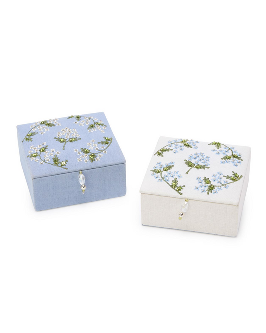 Hydrangea Embroidered and Embellished Linen Fabric Small Jewelry Box with Beaded Tassel Puller Assorted 2 Colors: Blue and White - MDF/Cotton/Glass Beads