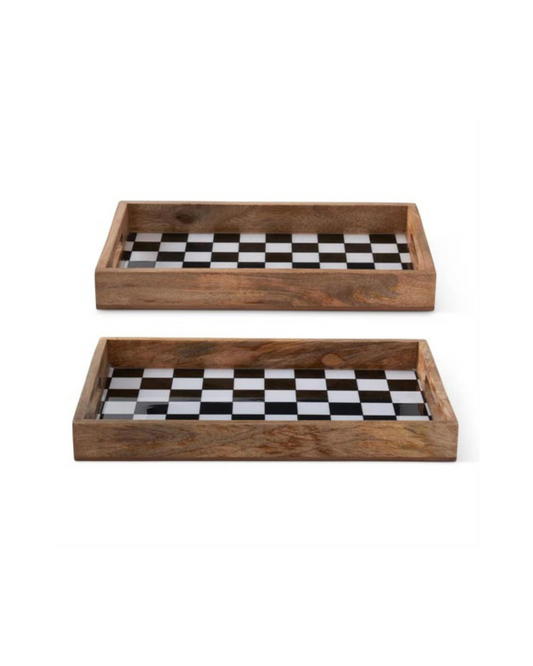 Nested Black & White Check Enameled Wooden Trays