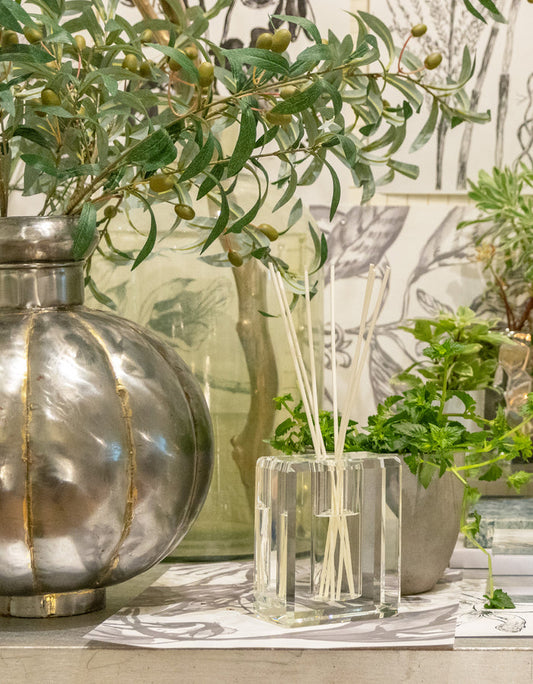 Decanter in box with reed bundl