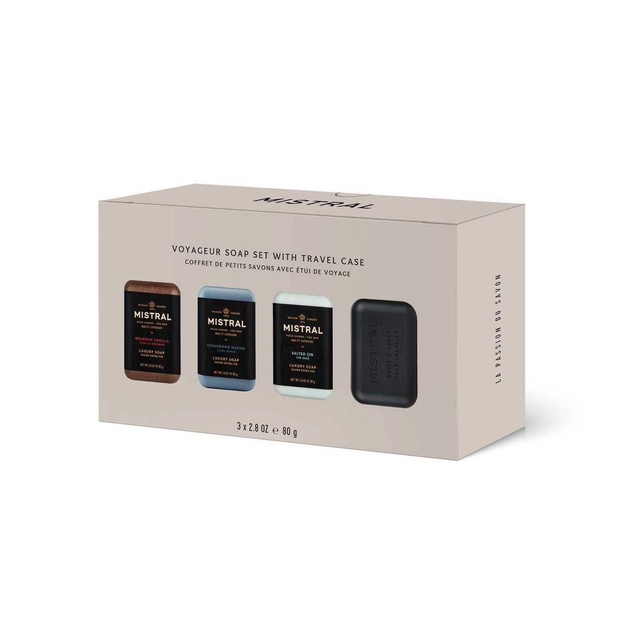 MISTRAL MEN'S TRAVEL GIFT SET-3 TRAVEL SOAPS & TRAVEL CASE / Set de regalo de 3 jabones para hombres