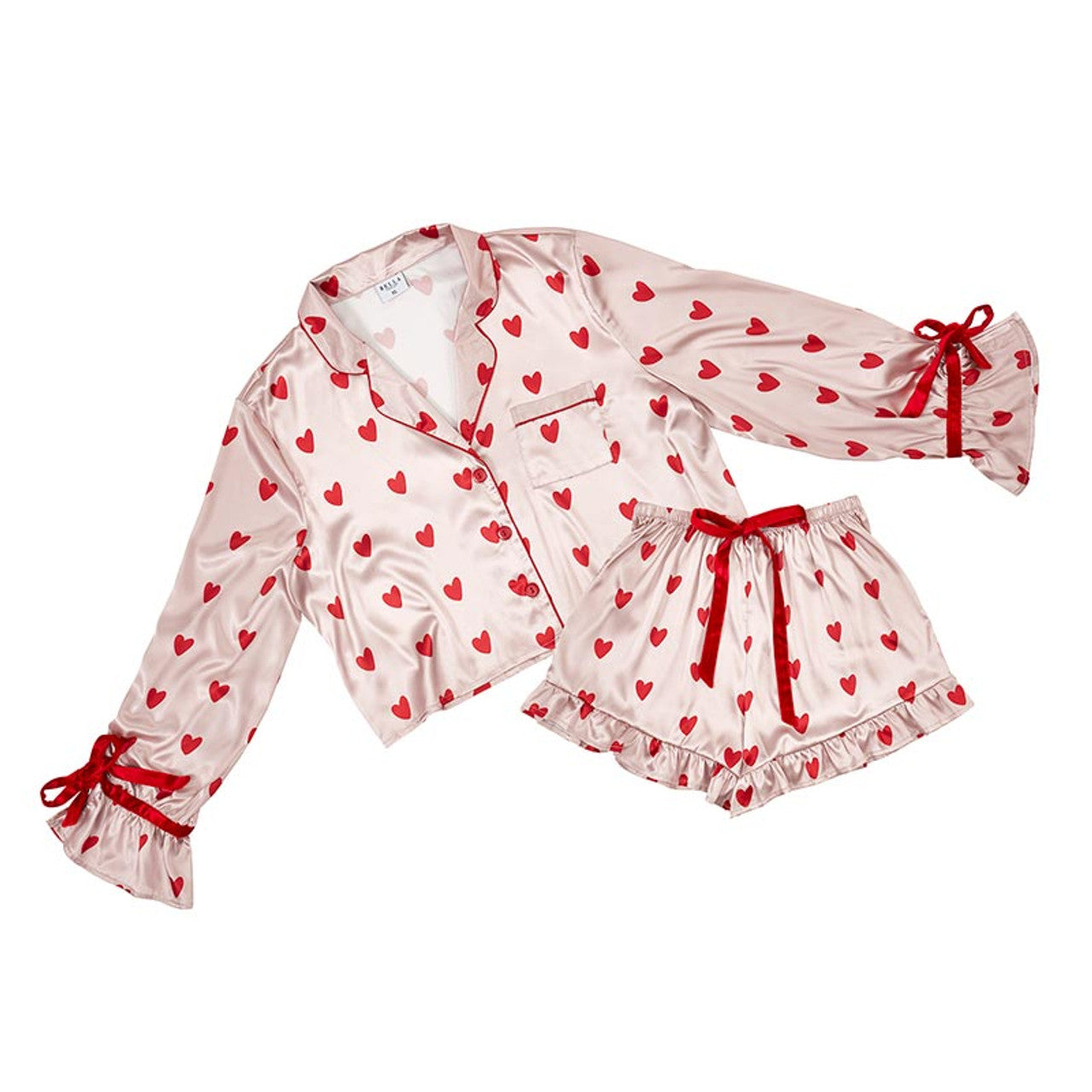 Conjunto de pijama corto + lazos de terciopelo - Corazones rosas y rojos