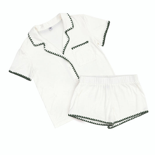 Short Bamboo PJ Set - White + Forest Green Whip Stitch