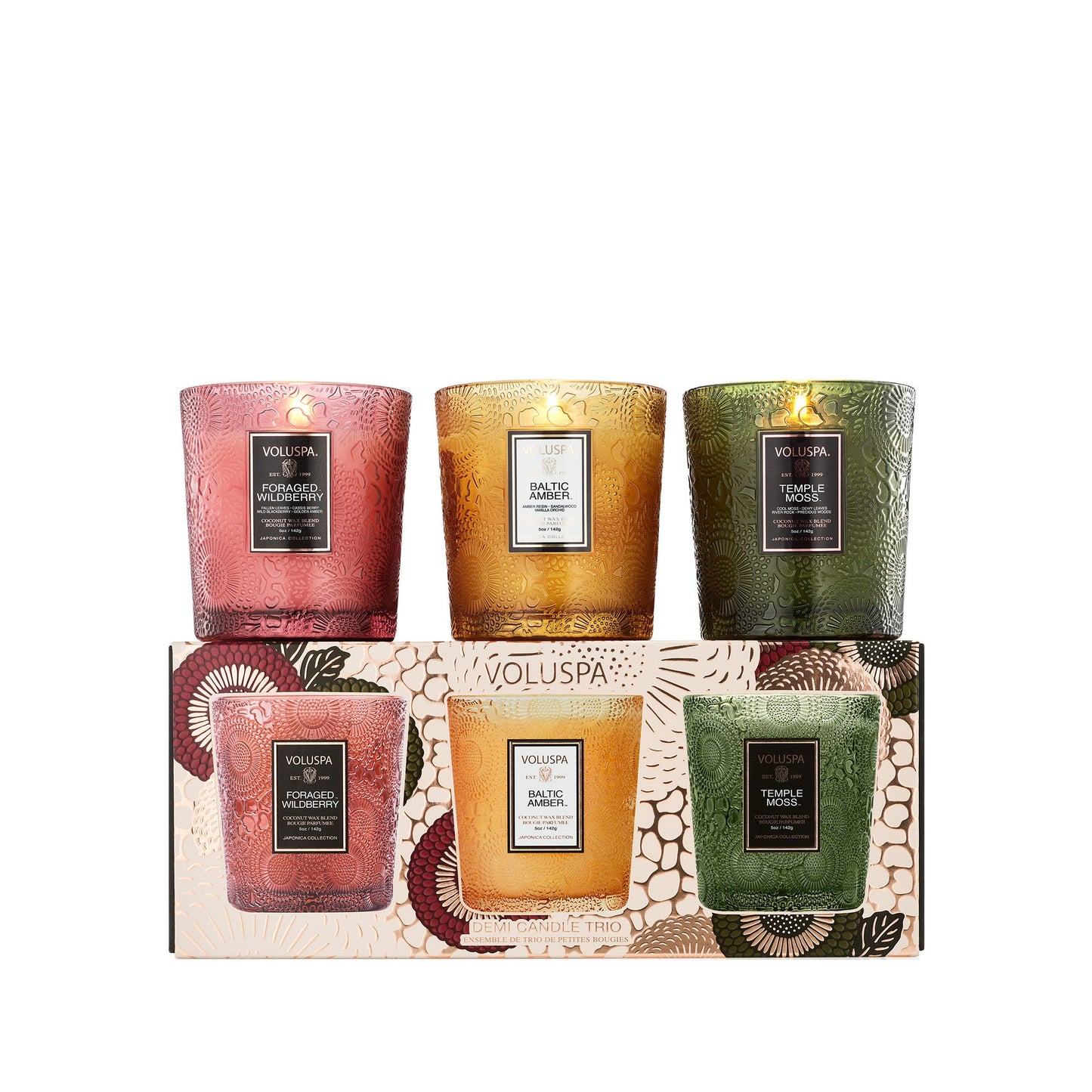 Set 3 velas Best Sellers - Foraged Wildberry, Baltic Amber, and Temple Moss