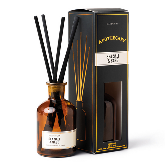 Difusor de vidrio ámbar de boticario con sal marina y salvia