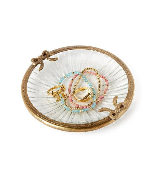 Antique Gold Finish Round Glass Trinket Tray w/Bow Accent
