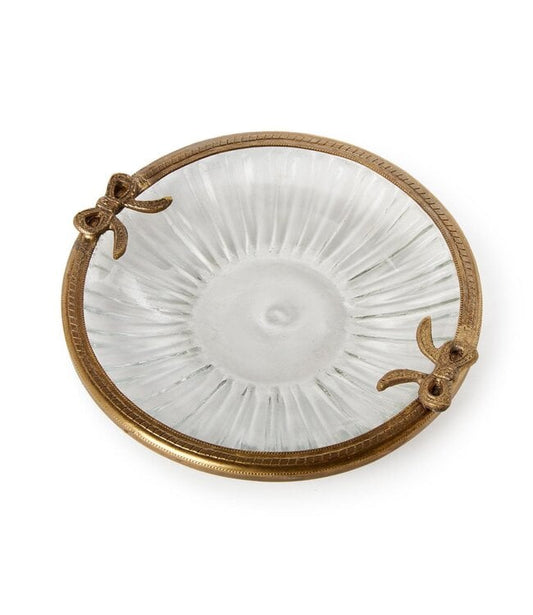 Antique Gold Finish Round Glass Trinket Tray w/Bow Accent