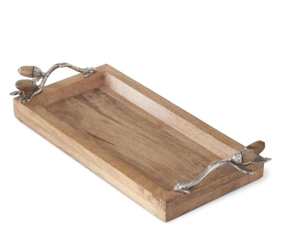Rectangular Wood Tray with Silver Metal Handles & Acorns