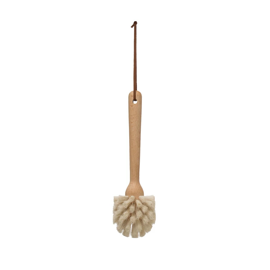Cepillo para platos de madera de haya con correa de cuero