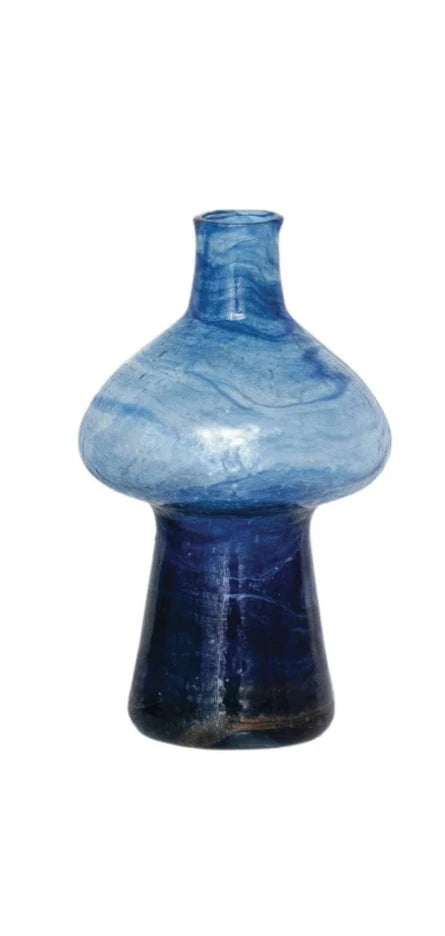 Jarrón de vidrio reciclado soplados a mano, color azul