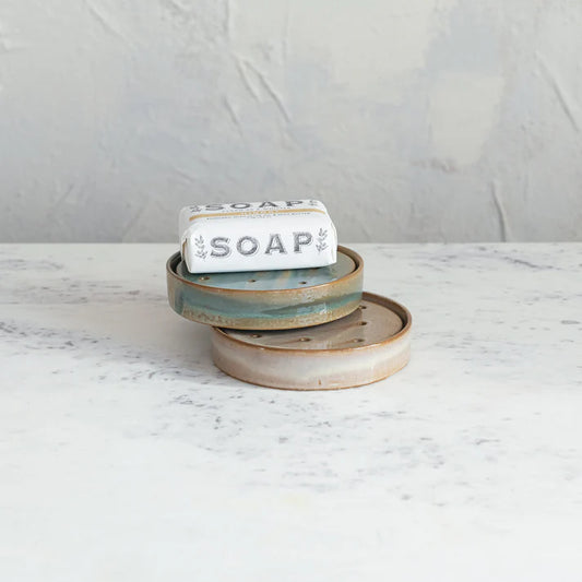 5" Rnd Stoneware Soap Dish w Removable Tray, 2 Colors