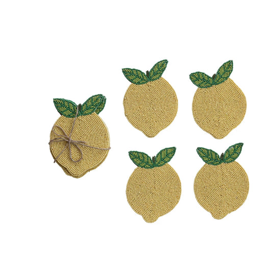 Handmade Beaded Lemon Coasters, Set of 4 Tied with Jute posavasos