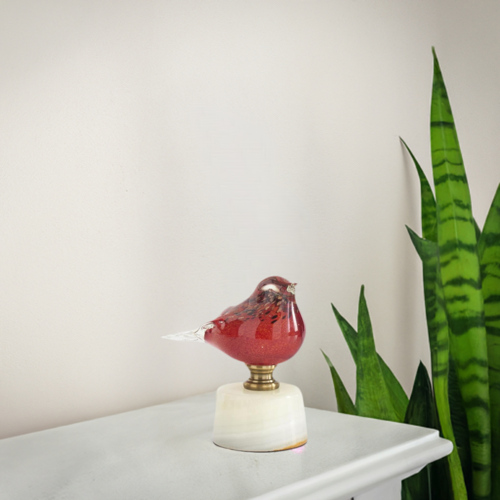 RED GLASS BIRDS ON WHITE MARBLE - MEDIUM