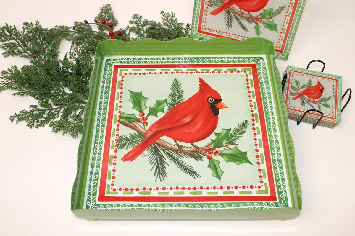 Scalloped Metal Tray with Feet, Cardinal Art - Bandeja