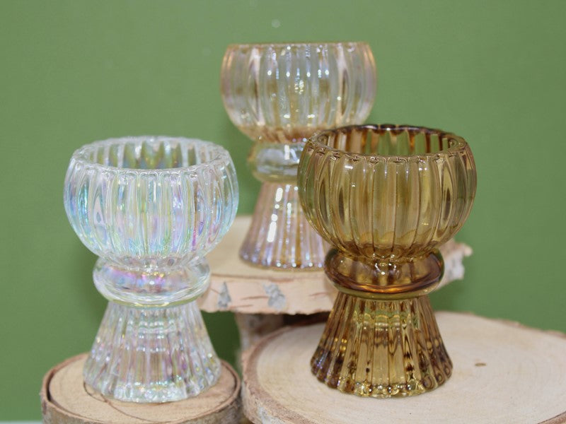 Portavelas de vidrio de 2,3 x 3", transparente iridiscente/ámbar iridiscente/ámbar