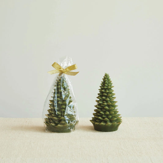 Unscented Tree Shaped Candle w/ Gold Tips, Evergreen Color - Vela de Árbol