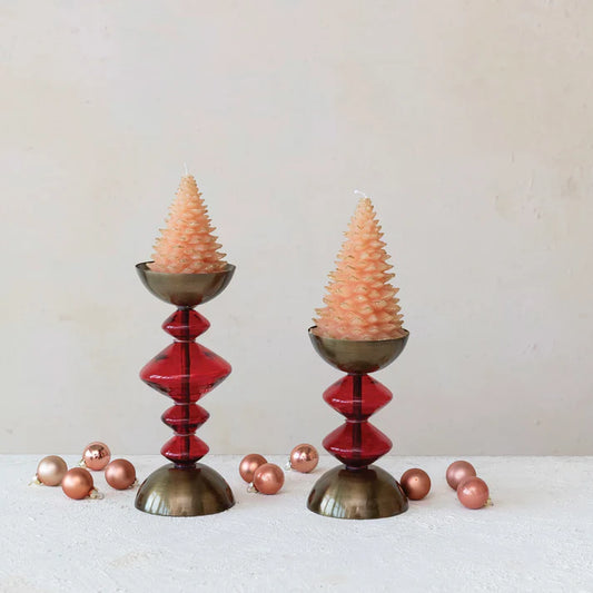 Candelabro de vidrio y metal, acabado en rojo y dorado