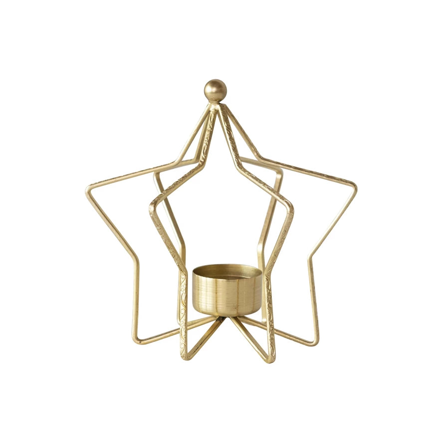 6-1/2"Rnd x 6-1/2"H Metal Star / Portavelas de metal con forma de estrella, acabado doradoPortavelas de metal con forma de estrella, acabado dorado