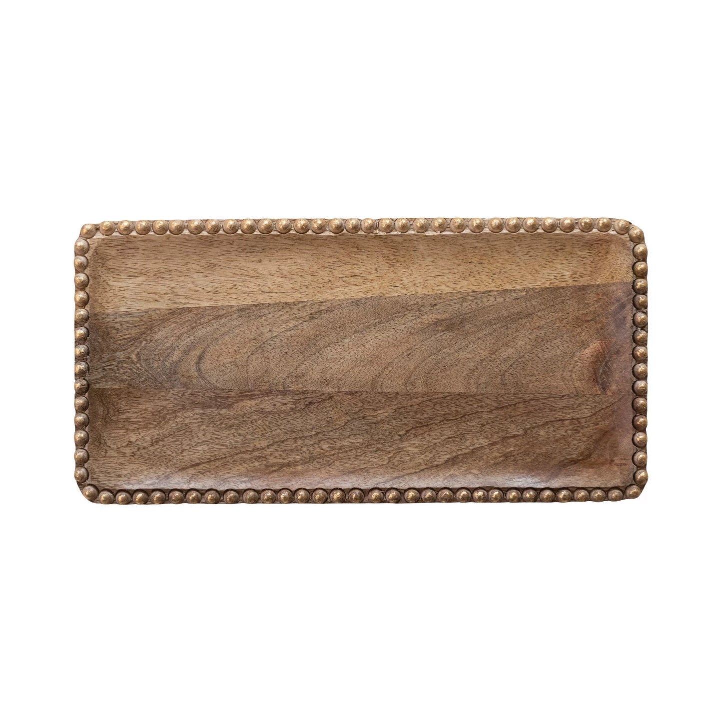 Bandeja de madera de mango tallada con cuentas de madera, acabado natural y dorado 16"LX8"W
