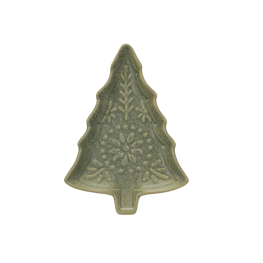 Plato de cerámica con forma de árbol, esmaltado reactivo mate, verde (cada uno varía) 4-1/4"L X 5-3/4"W